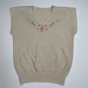 Vintage 100% Acrylic Embroidered Sleeveless Sweater Med Cream V-neck Flowers‎